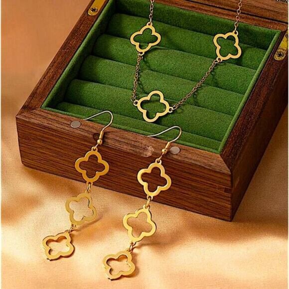 Gold Four Leaf Clover Necklace Earrings Set Luxury Dangle Two Piece Set - Picture 2 of 6